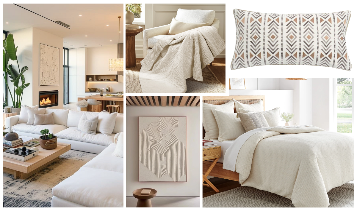 Contemporary interior design featuring Levtex Home Reede Muslin Comforter Set and Cloud Waffle Quilted Throw in modern neutral bedroom and living room spaces with clean lines, natural textures, and minimalist decor