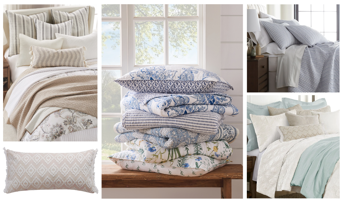 Spring Bedding with various light and airy designs, featuring decorative pillows and colorful quilts for a fresh seasonal look.