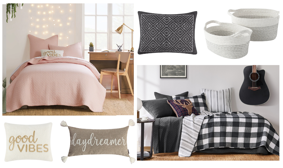 Stylish dorm room ideas featuring Levtex Home Cross Stitch Blush Quilt Set and Camden Black Quilt Set, with decorative pillows, woven storage baskets, and cozy accents