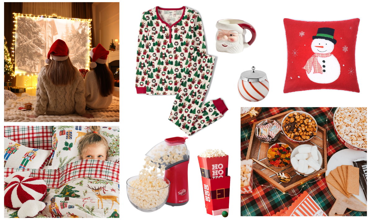 Holiday Movie Night Essentials & Ideas You Need to Try, featuring cozy outfits, snacks, and festive decorations.