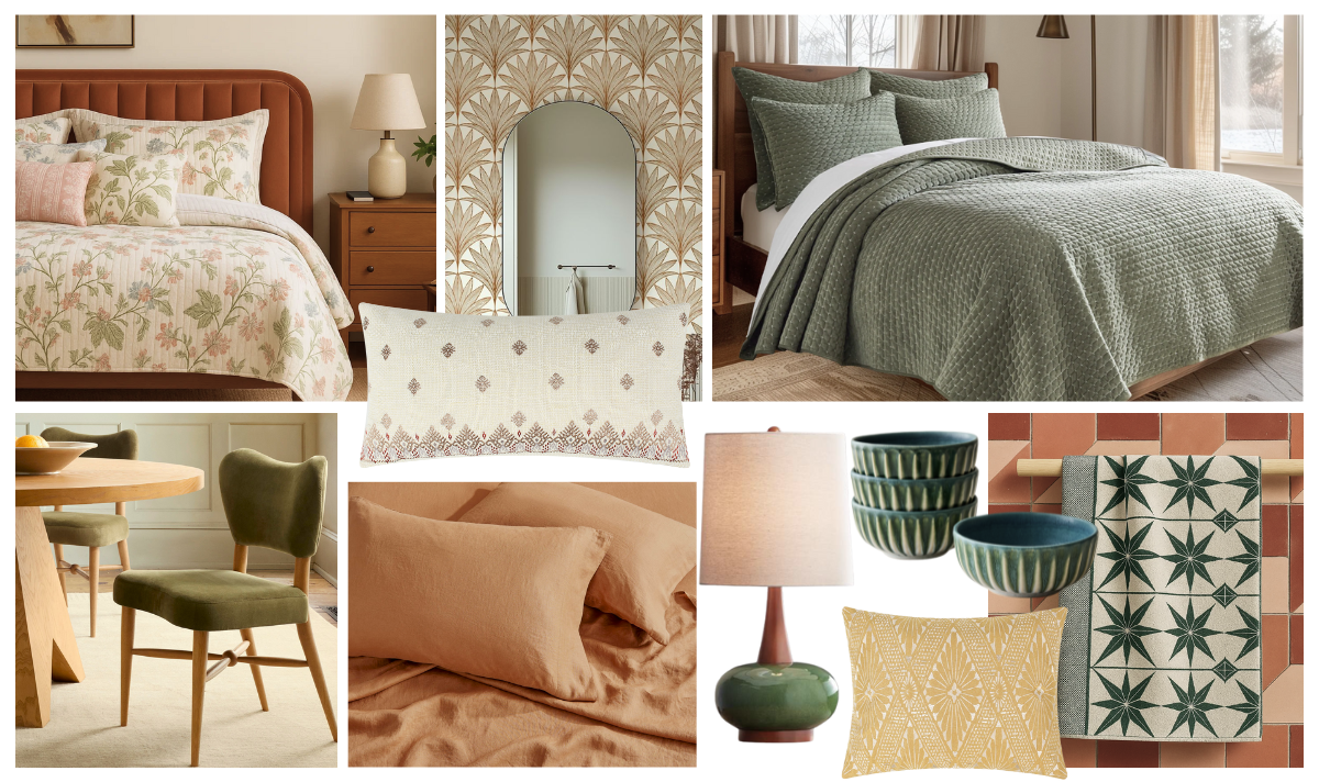 The most popular interior design styles of 2025 featuring Levtex Home Chantae Quilt Set and Velvet Stitch Quilt Set with botanical prints, sage green textures, and mid-century modern decor