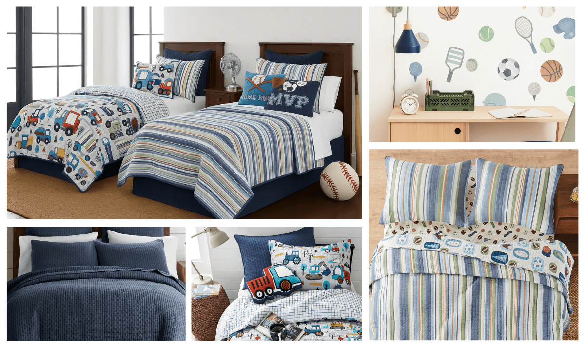 Shared sibling room ideas moodboard featuring sports-themed and striped bedding by Levtex Home