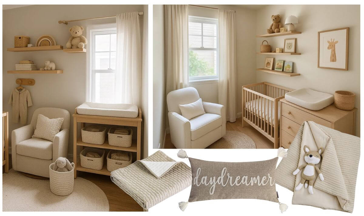 Small space nursery moodboard featuring Levtex Home decor with compact crib, neutral glider, changing table, woven storage, and soft beige accents