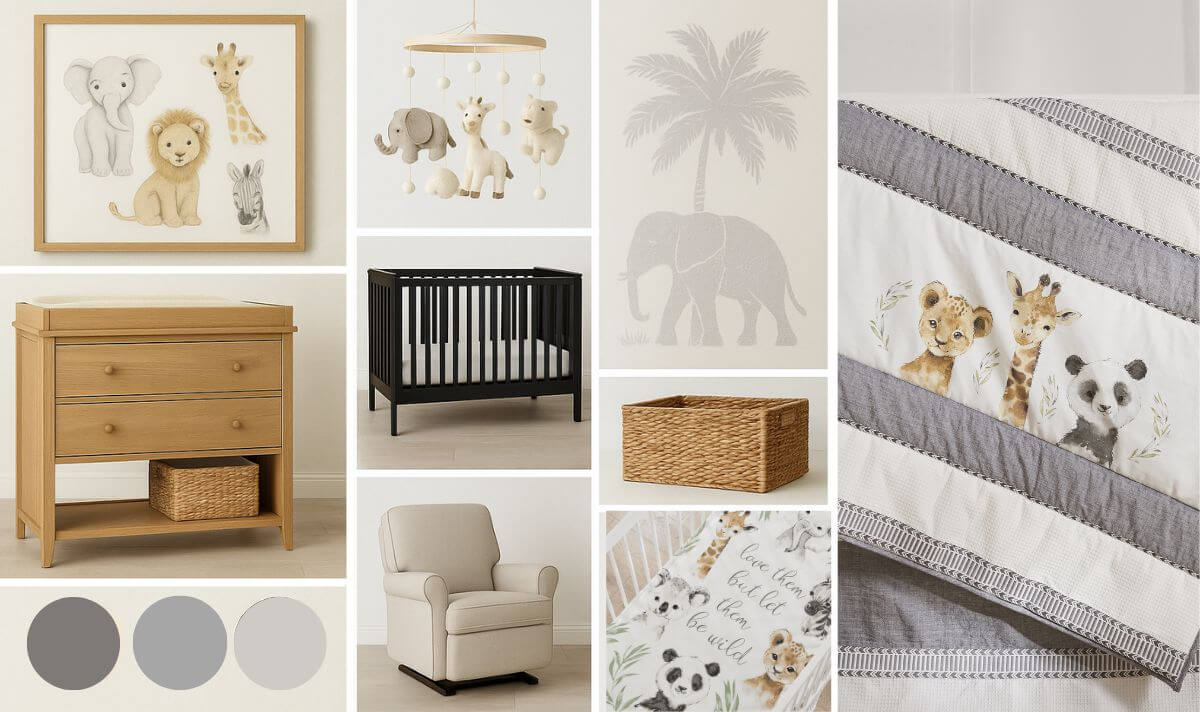 Adventure themed neutral nursery mood board featuring safari animal crib bedding, black crib, wood changing table, glider, wicker storage basket, animal mobile, and gray palette inspiration for modern adventure themed nursery ideas.