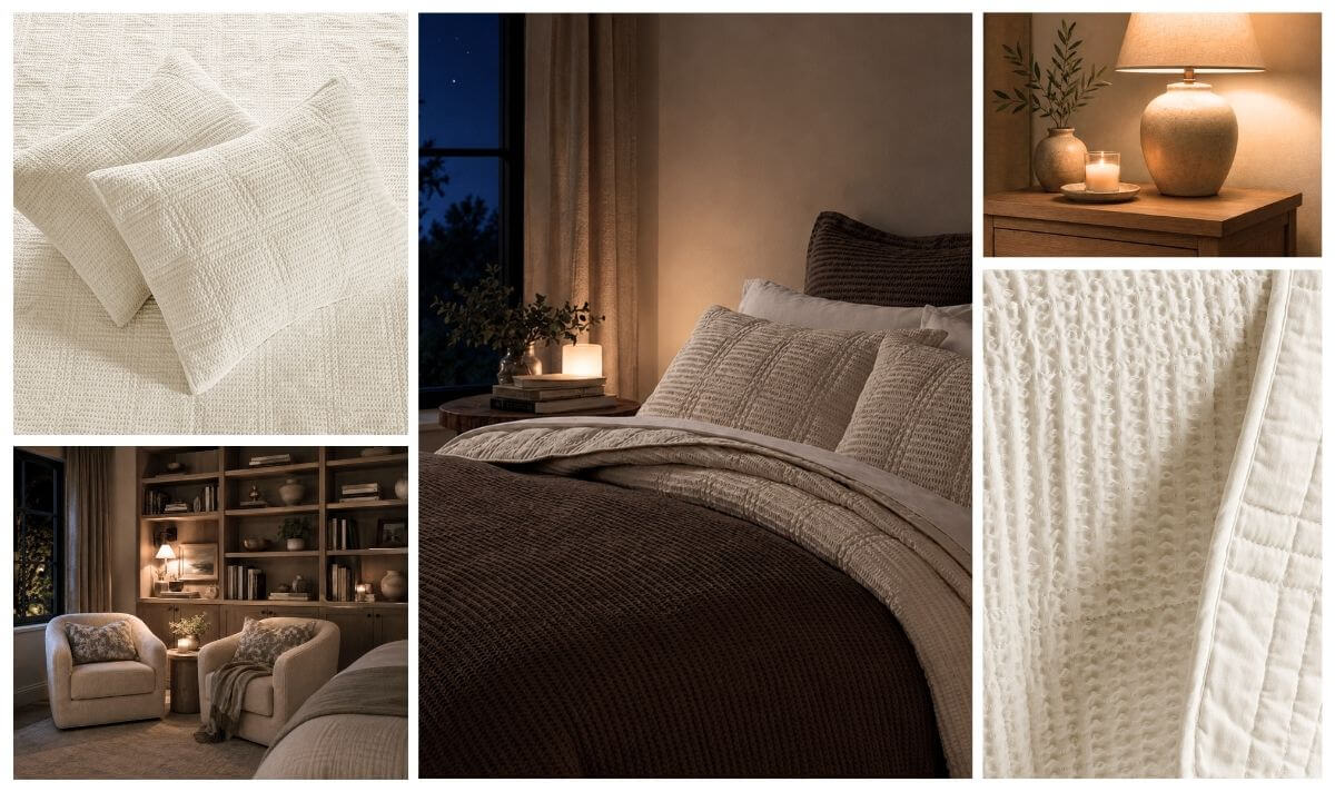 Airbnb bed styling tips with layered neutral quilts and textured bedding