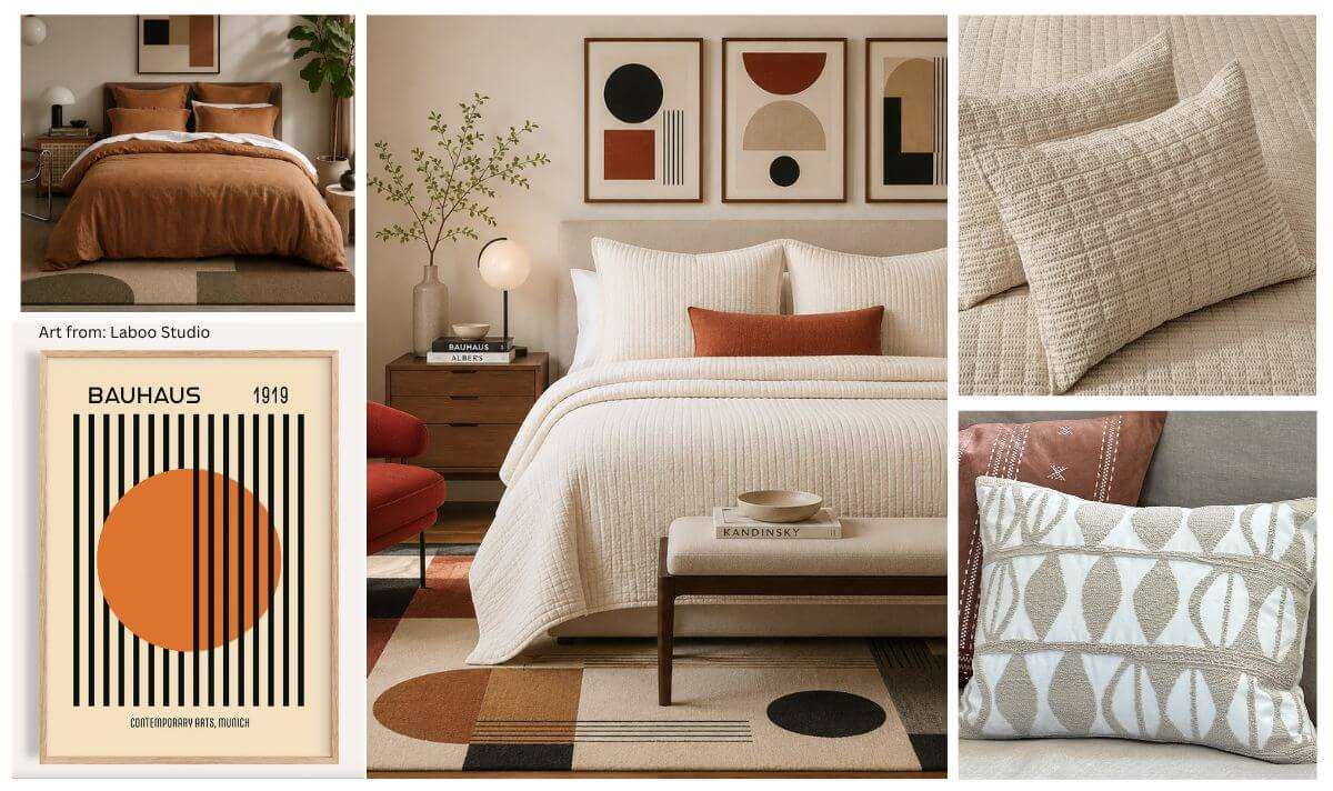 Bauhaus interior design with geometric art and neutral bedding