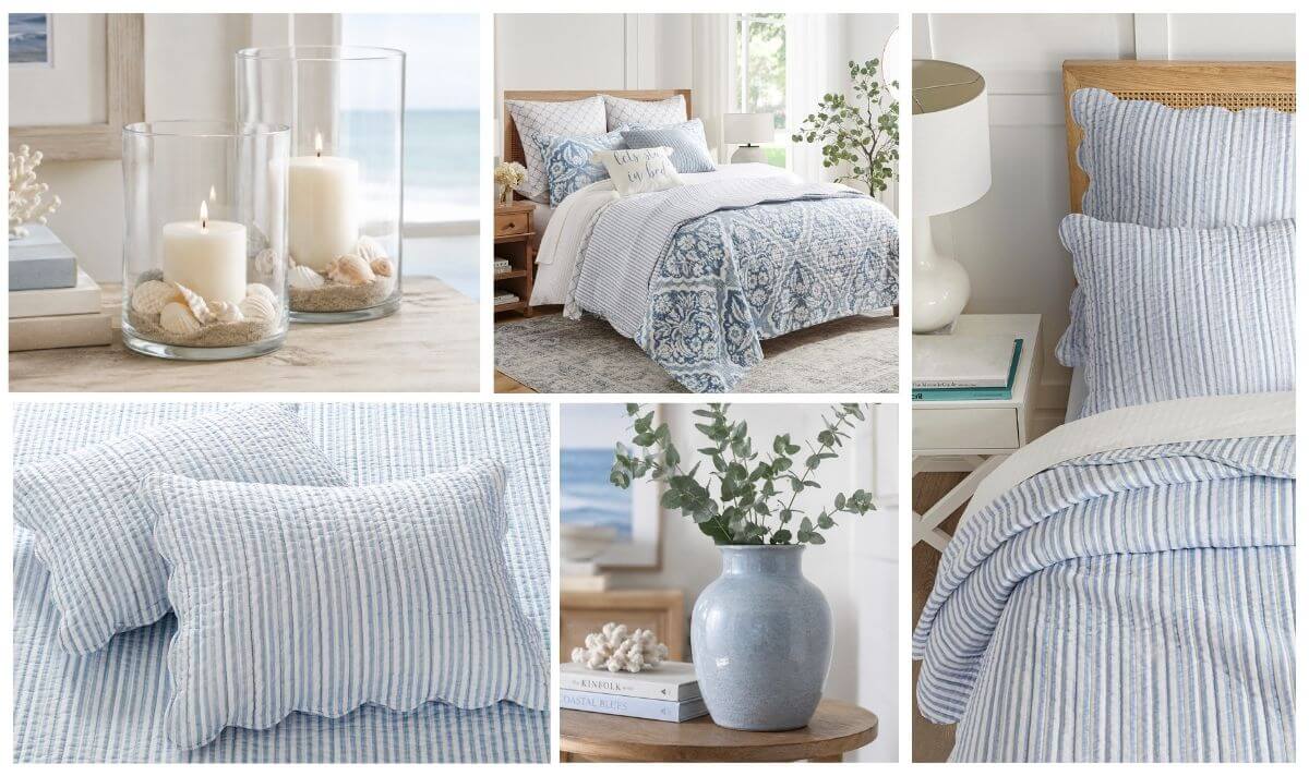 Best quilts for coastal Airbnb bedrooms with blue striped bedding and decor