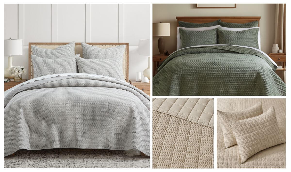 Best quilts for Airbnbs with textured neutral and green quilt styles