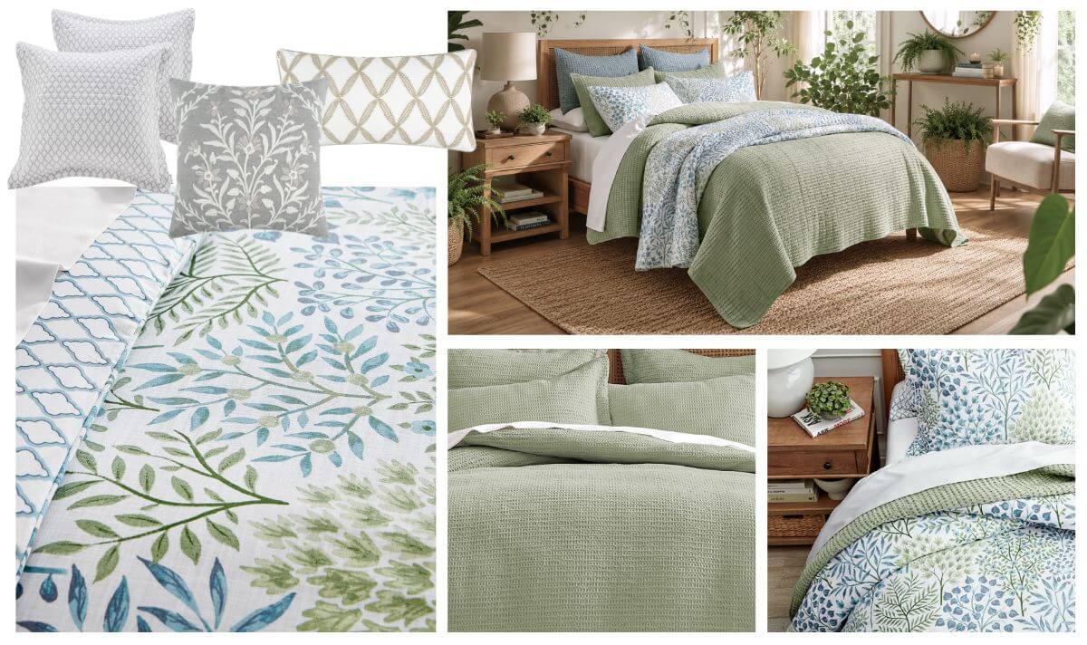 Biophilic interior design bedding with leafy prints and natural textures