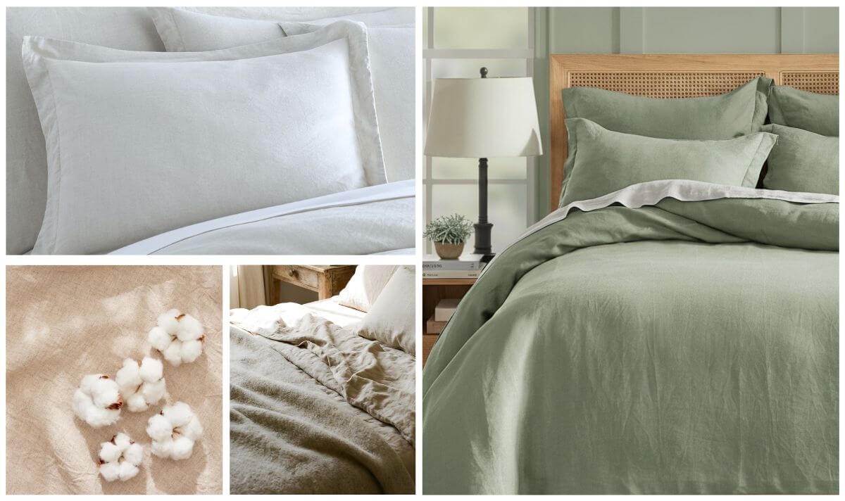 Cooling linen duvet cover and shams on a bed, showing soft natural textures and breathable cotton-linen fabric solutions for hot sleepers.