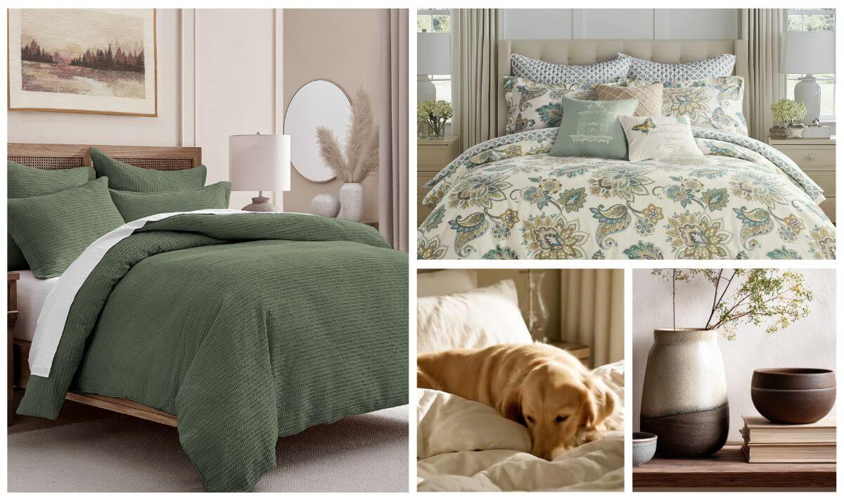Cozy winter bedding with green quilt set, floral comforter, layered neutral sheets and soft textures for a warm relaxing bedroom