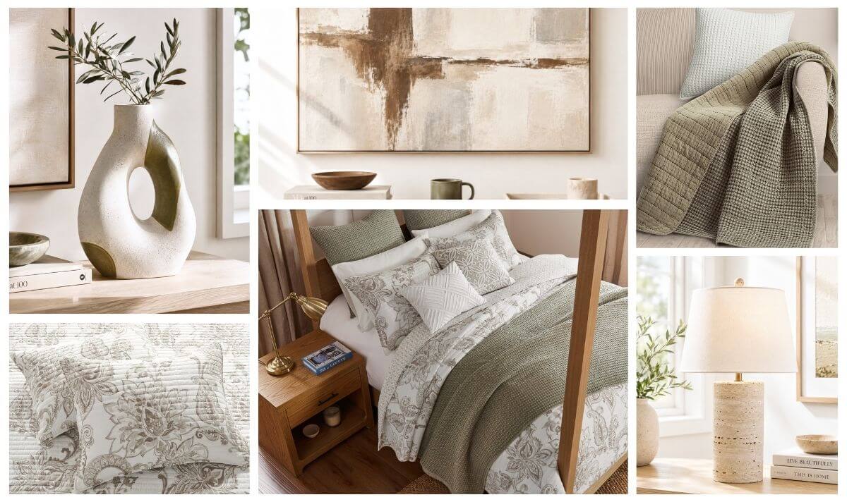 Designer bedding with layered floral linens, sage throw, and coordinated pillows