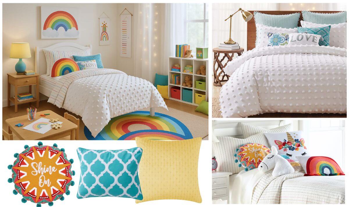 Kids’ bedroom with white textured bedding, rainbow rug, and colorful pillows.
