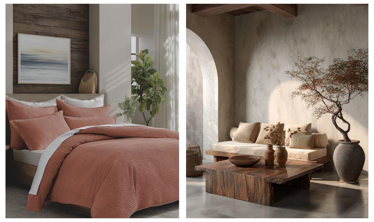 Japandi interior bedroom and living room with Levtex Home Cloud Waffle Duvet Cover Set in adobe terracotta, styled with neutral cream textiles, natural wood furniture, indoor greenery, and minimalist decor in a serene japandi interior setting.