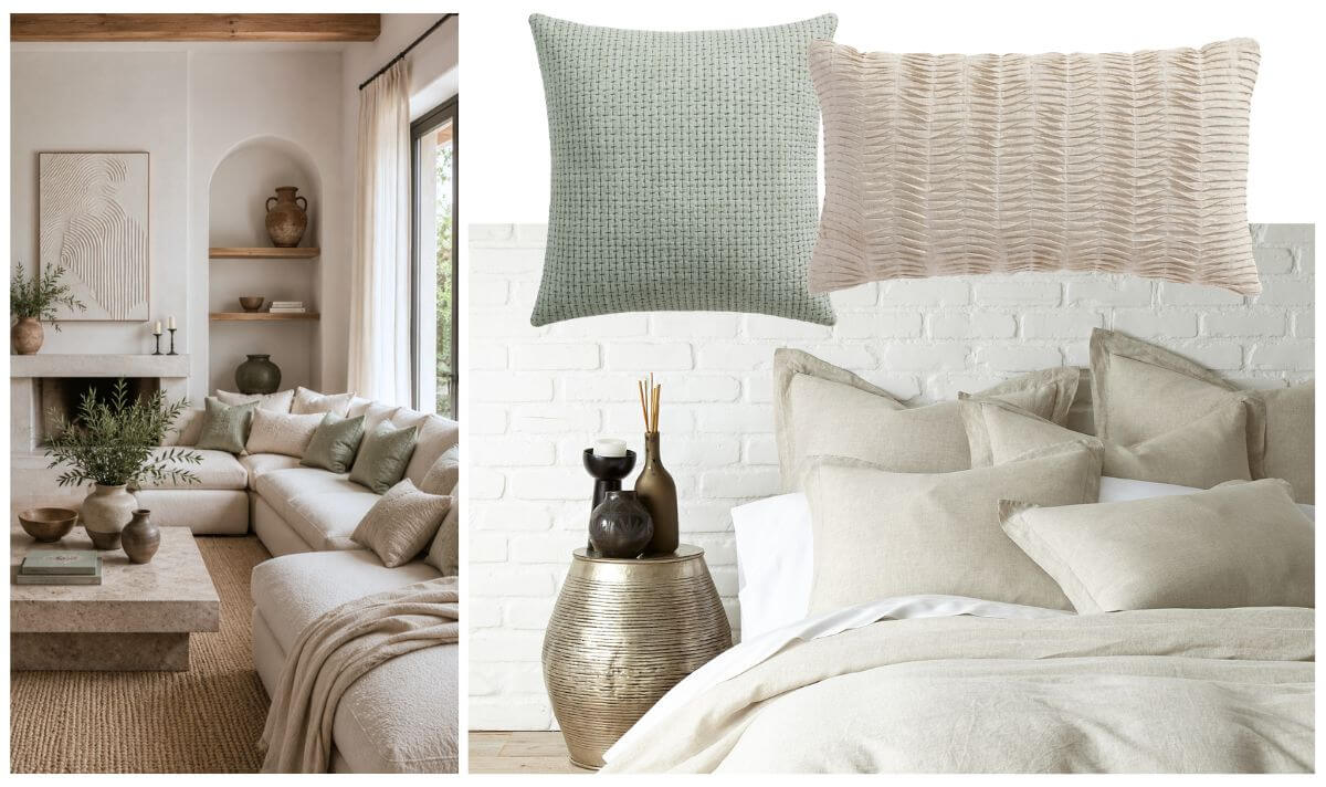 Mediterranean interior design bedding in soft beige and sage tones