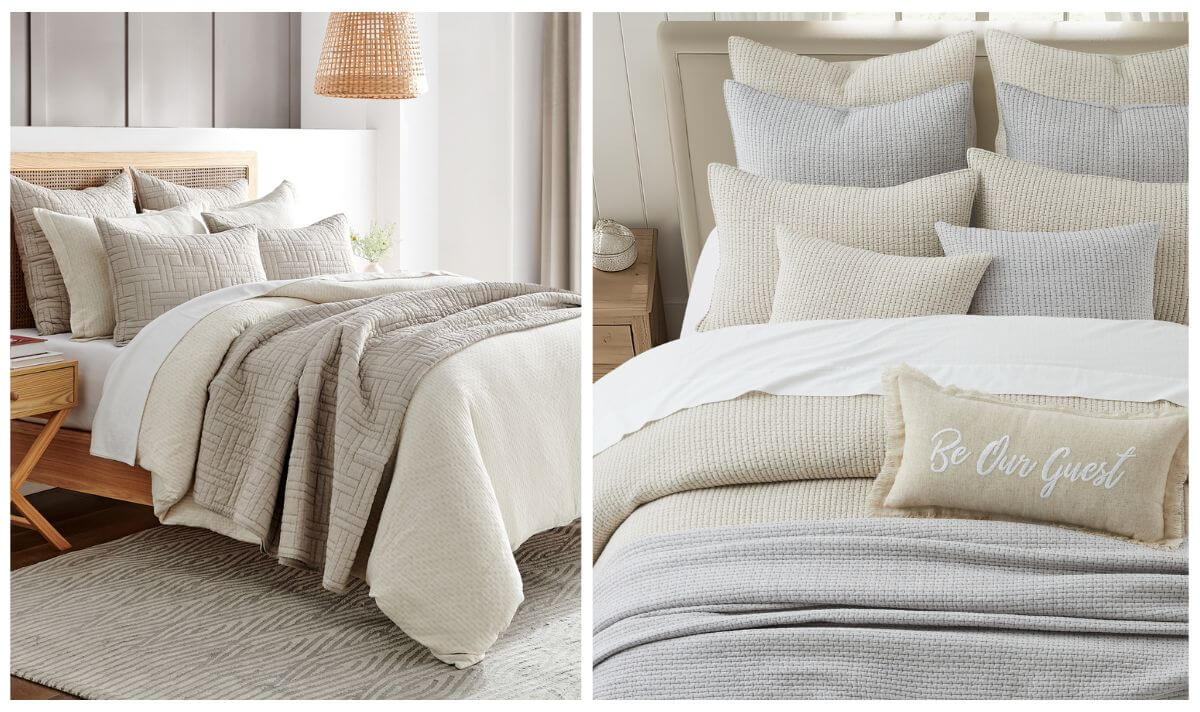 Neutral bedding in midimalism interior design with layered quilts and pillows