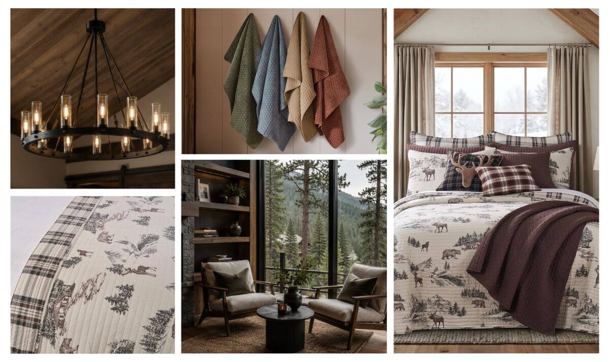 Modern cabin interior with plaid bedding, warm wood tones, and cozy decor