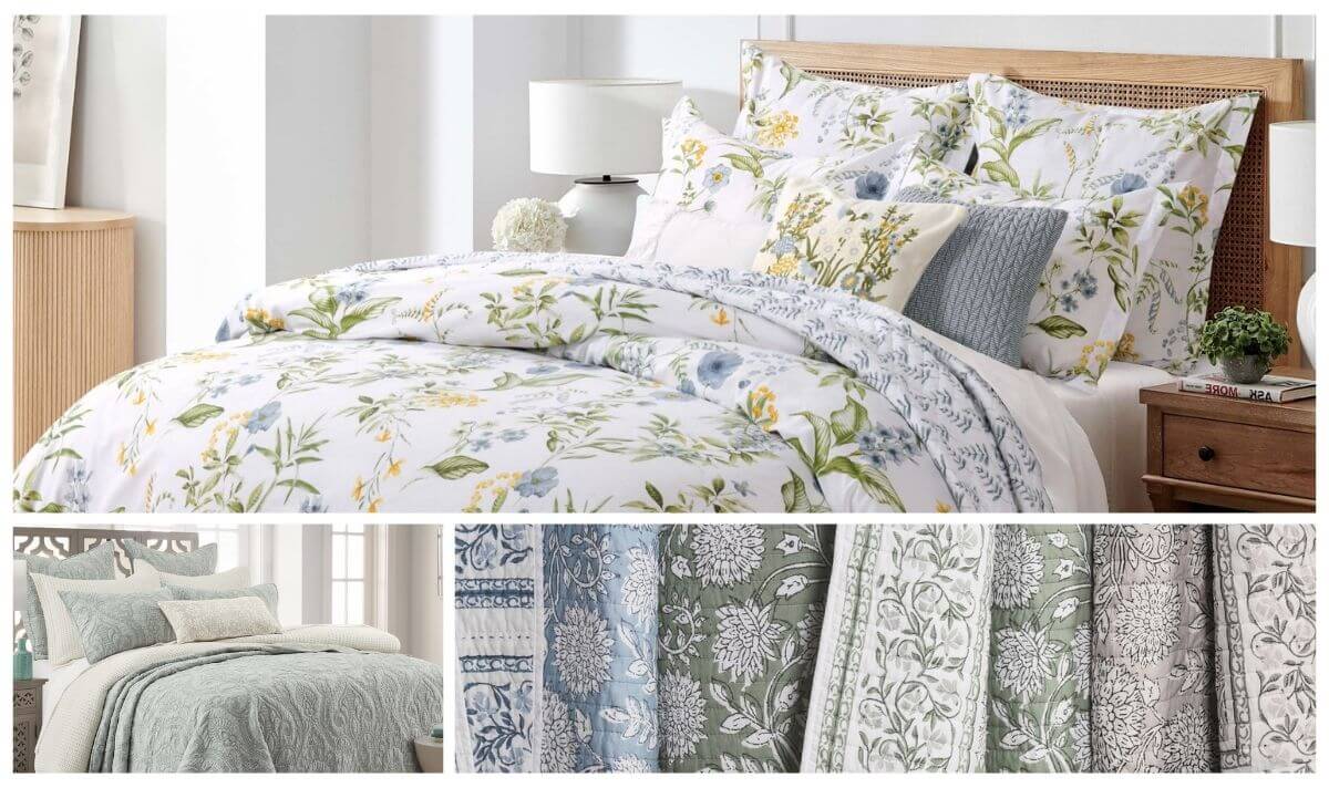 Mother’s Day gift guide bedding set with floral quilt and pillows