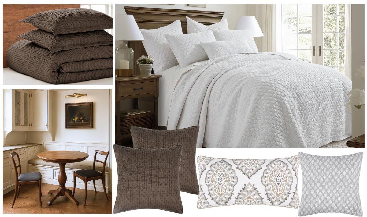 Shaker interior design quilted bedding in crisp white, styled with brown accent pillows for a timeless, serene bedroom look