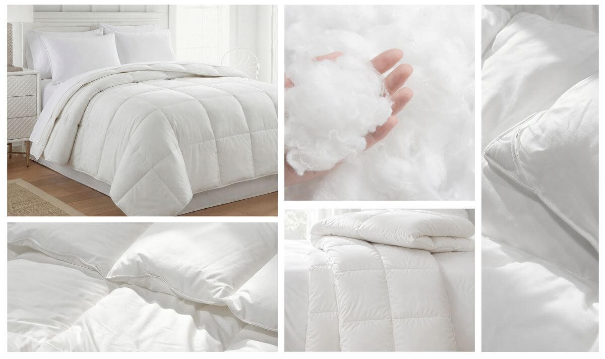 White duvet insert collage showing fill, stitching, and duvet insert vs comforter