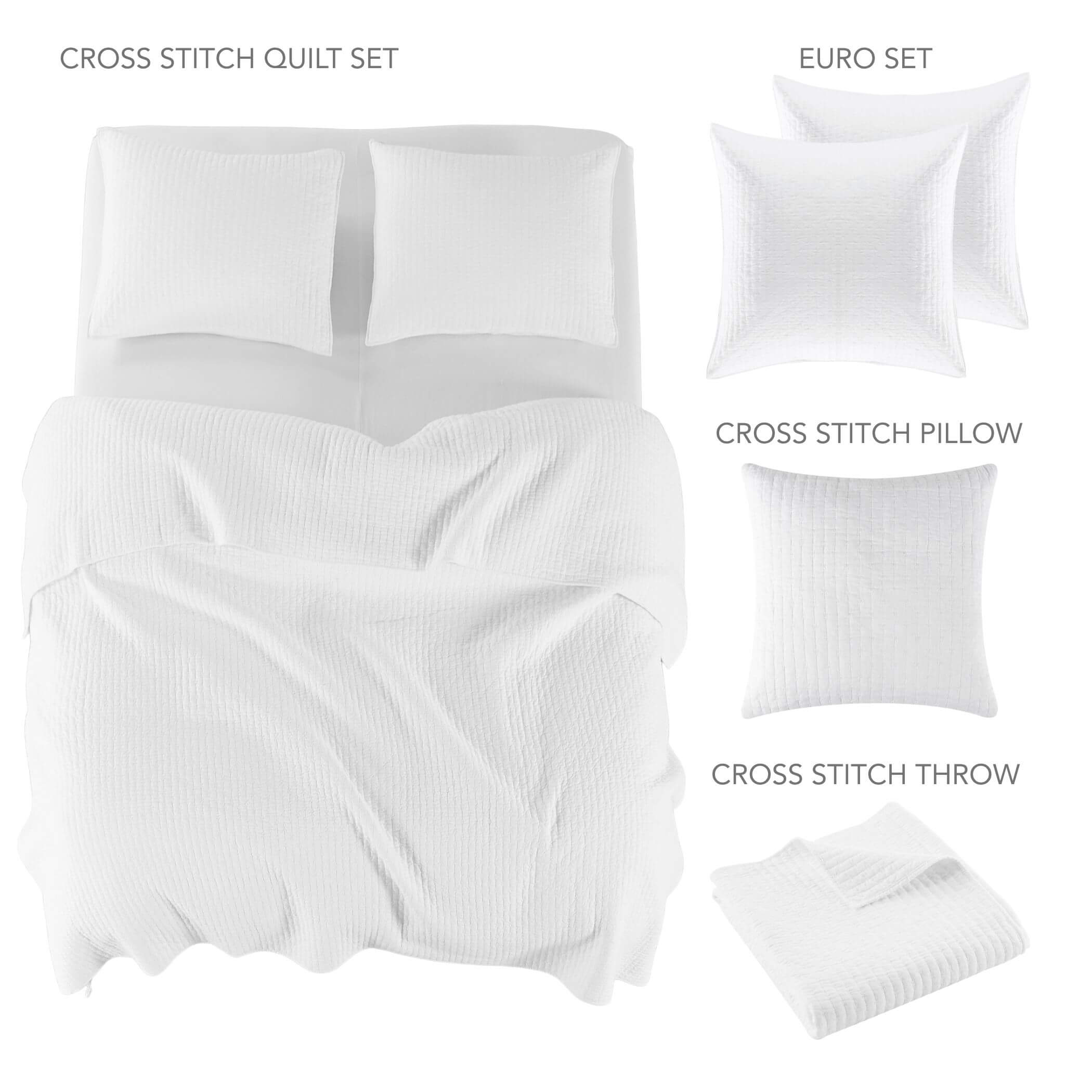Levtex Home Cross Stitch Quilt Bundle: Quilt Set + Euro Sham Set of 2 + Square Pillow + Quilted Throw Quilts