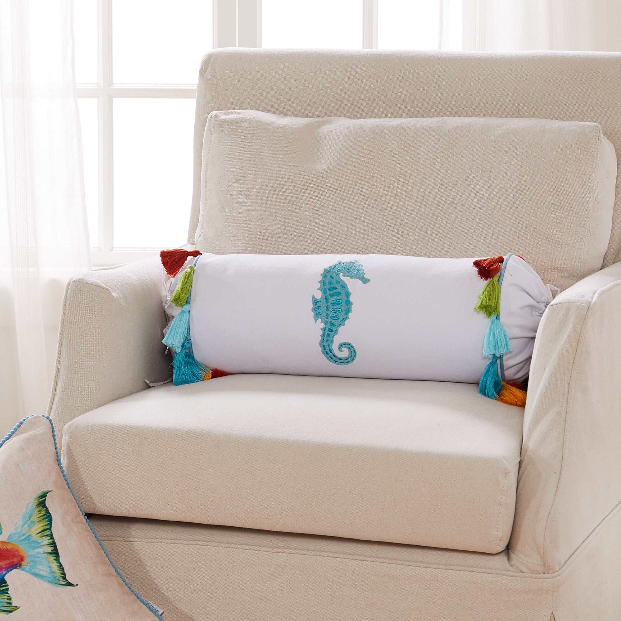 Levtex Home Seahorse Embroidered Neck Roll Pillow Decorative Pillows