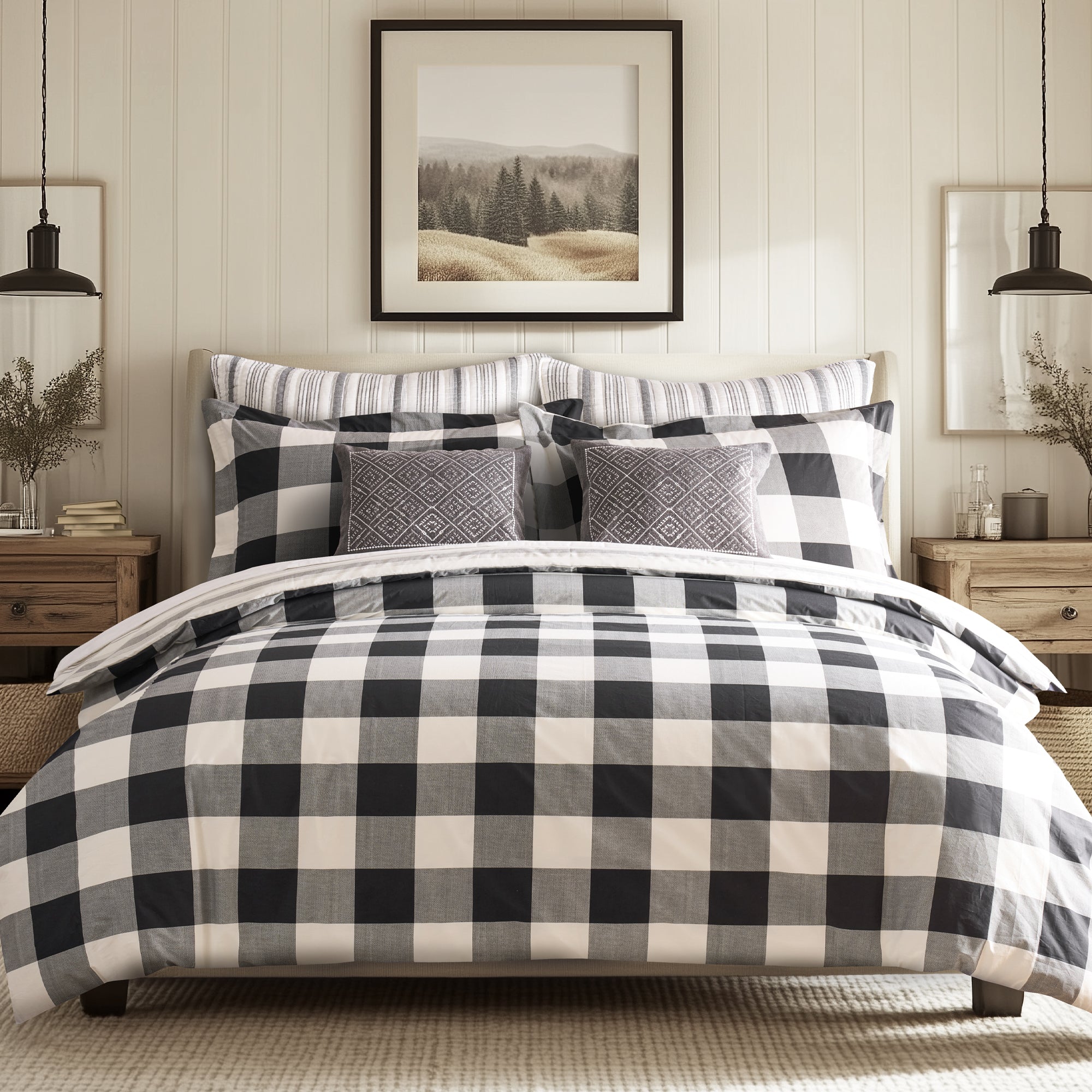 Camden Comforter Set featuring a reversible buffalo check design, soft cotton fabric, and coordinating pillows in a stylish bedroom setting.