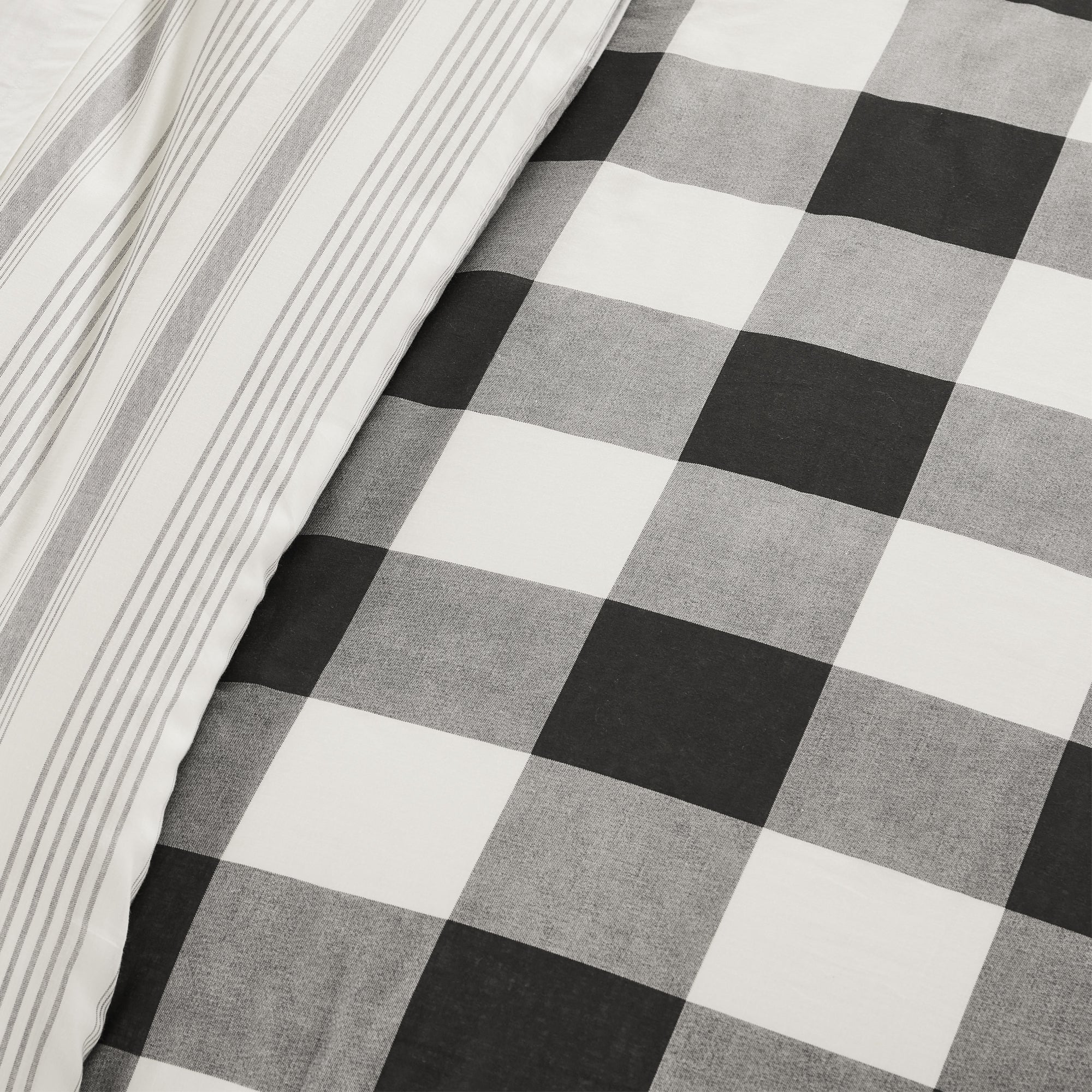 Camden Comforter Set featuring reversible comforter with classic buffalo check and coordinating stripe patterns.