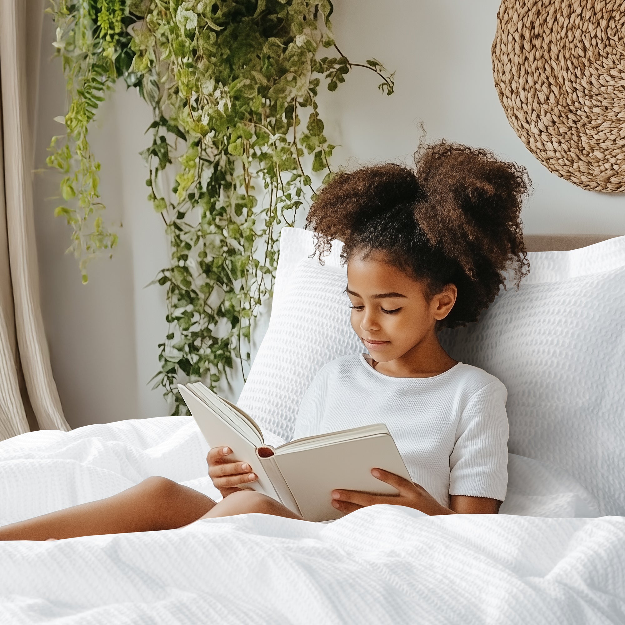 A young girl sits comfortably on a neatly made white bed with a cotton comforter set, reading a book.