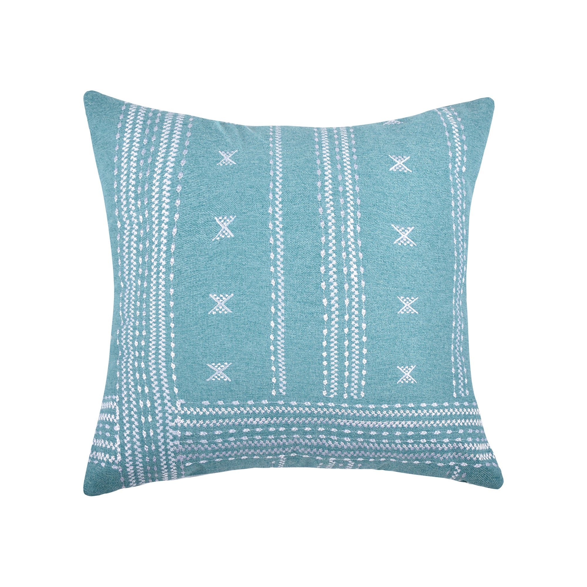 Night Garden Teal Pillow featuring a geometric white embroidery design on a teal ground, 18 x 18in.