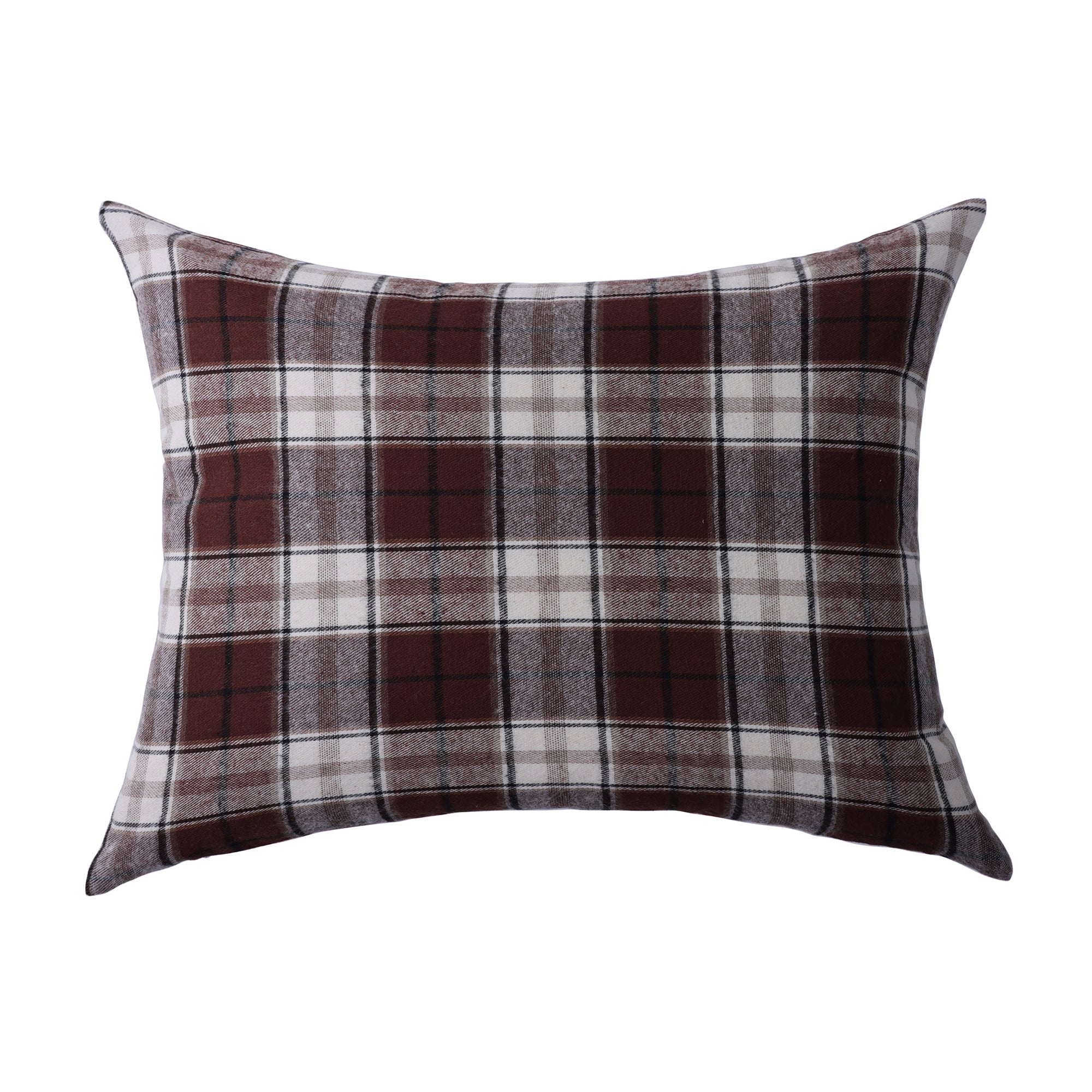 Plaid pillow with brown and white pattern on a white background