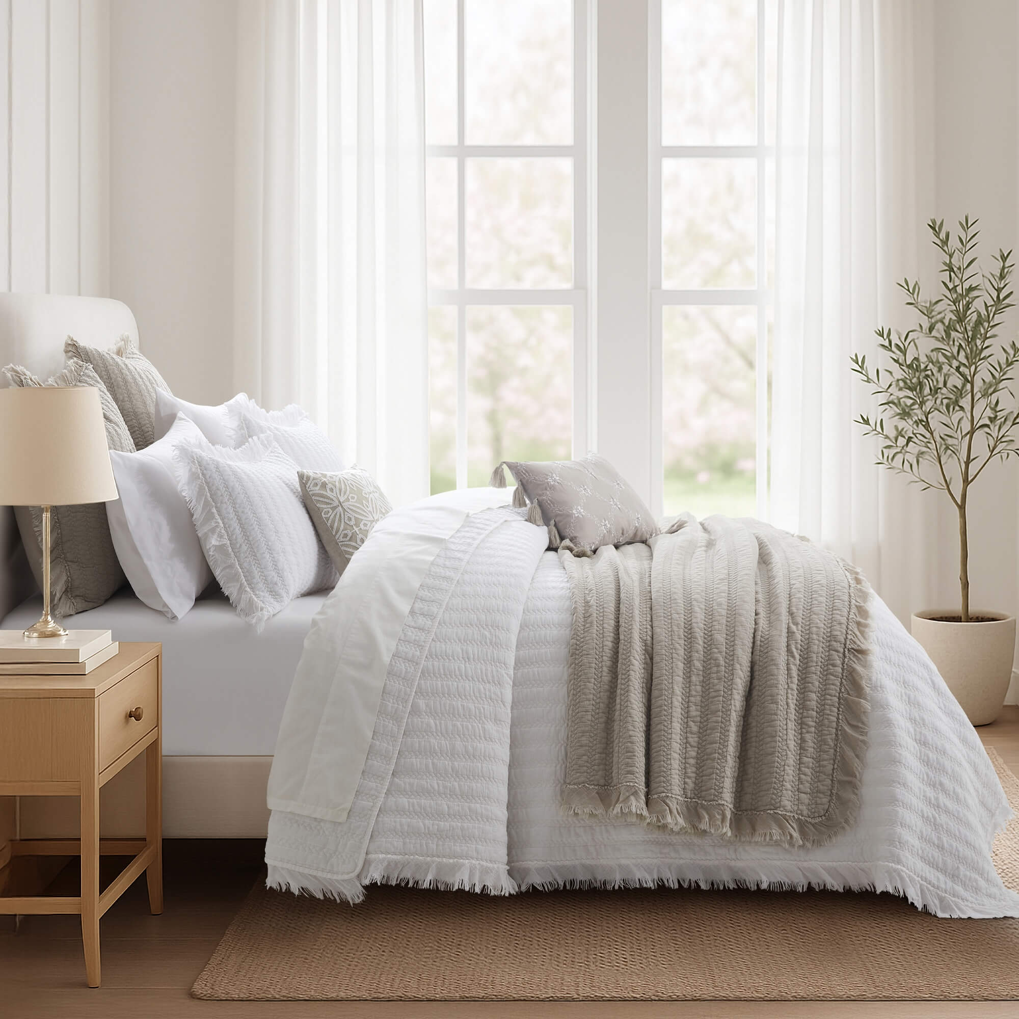 Neatly made bed with the textured white quilt set and a textured throw blanket in a bright bedroom.