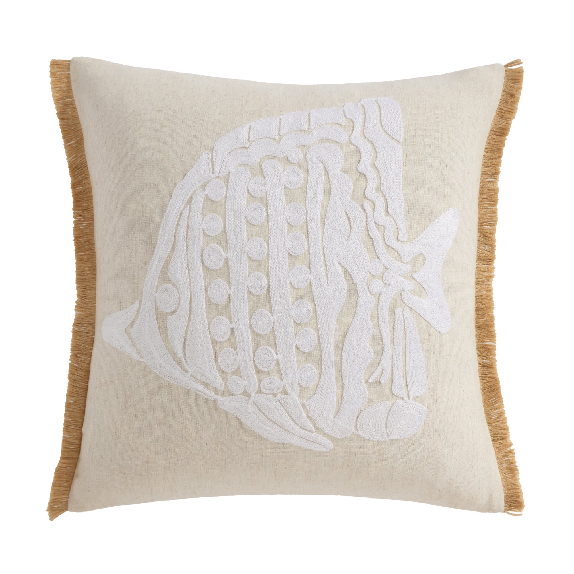 Seaside Charm Crewel Fish Pillow with white crewel-embroidered fish motif on sandy beige background and natural fringe trim.