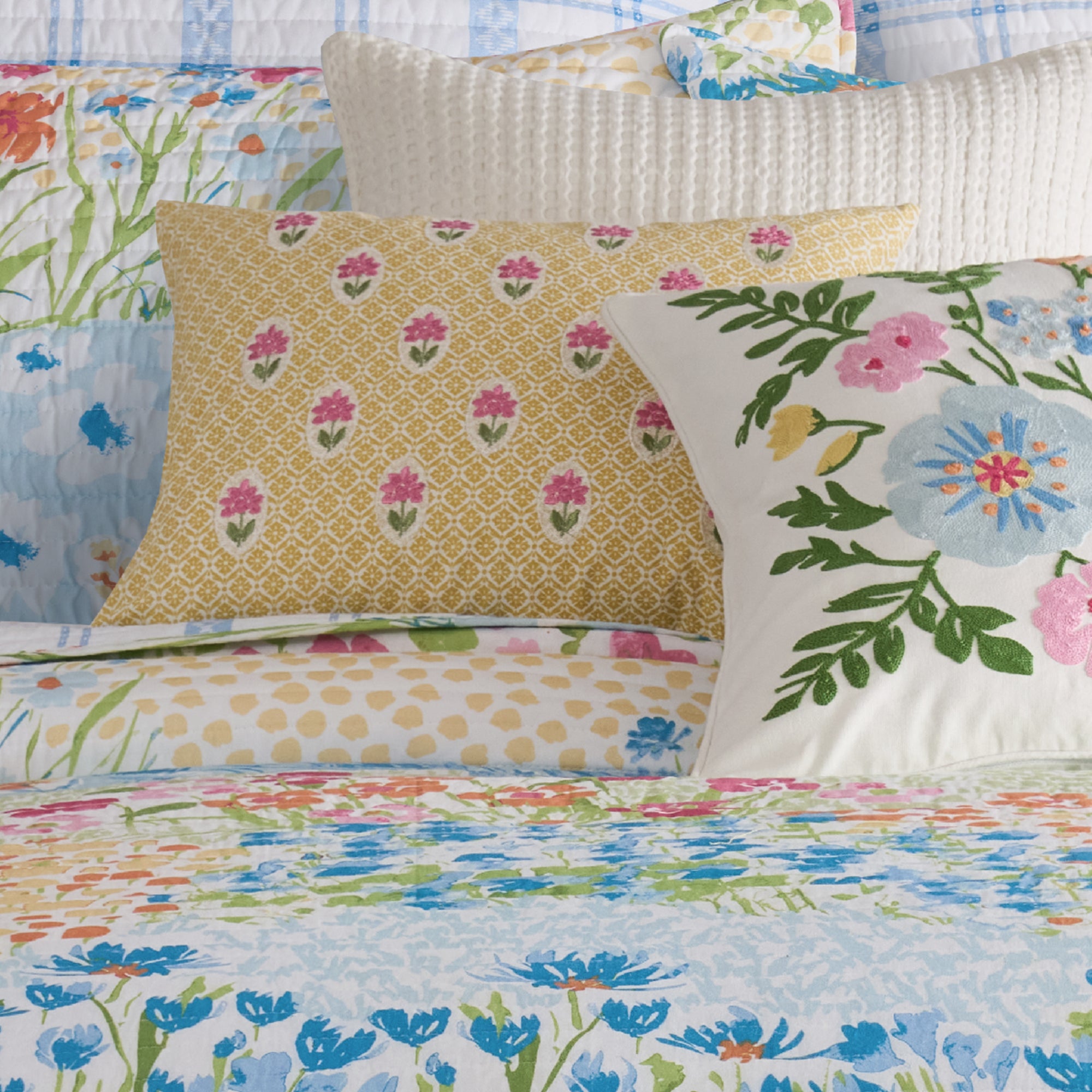 Blooming Hillside Yellow with Pink flowers Pillow
