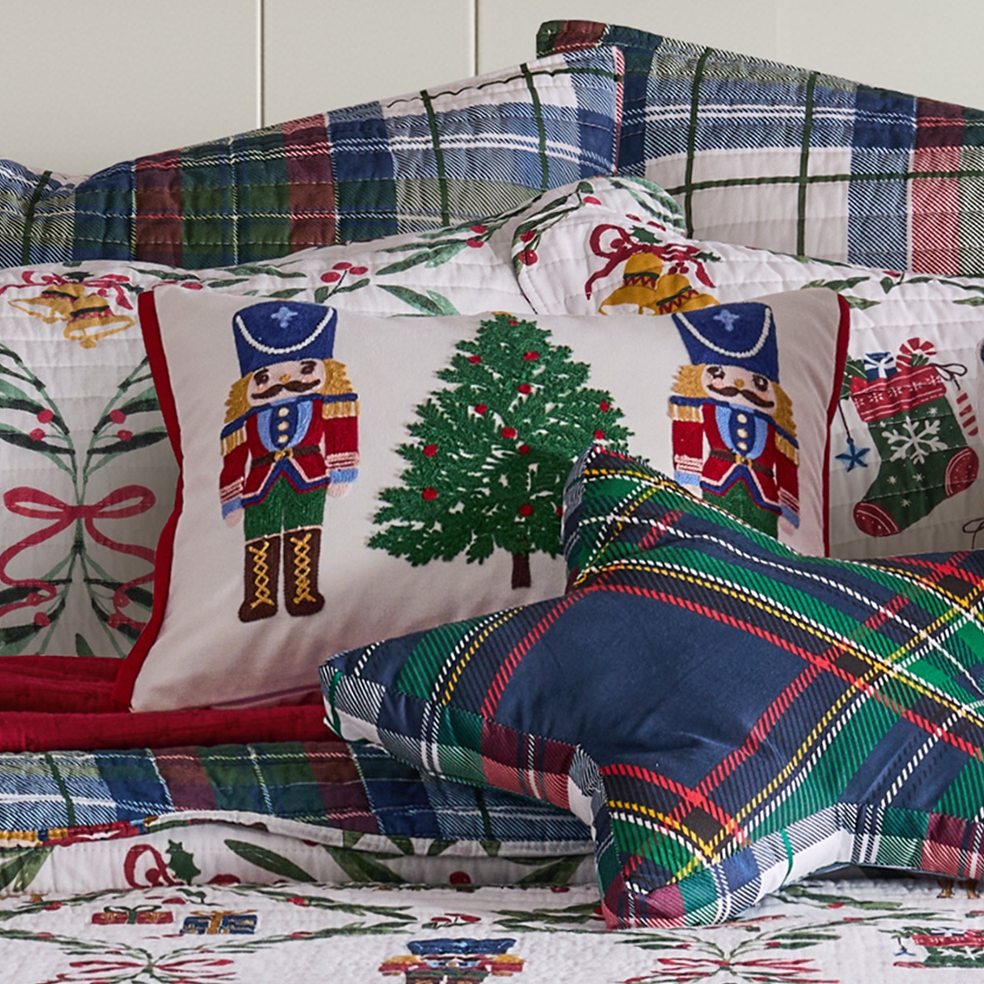 Festive Nutcrackers Tree Embroidered Pillow