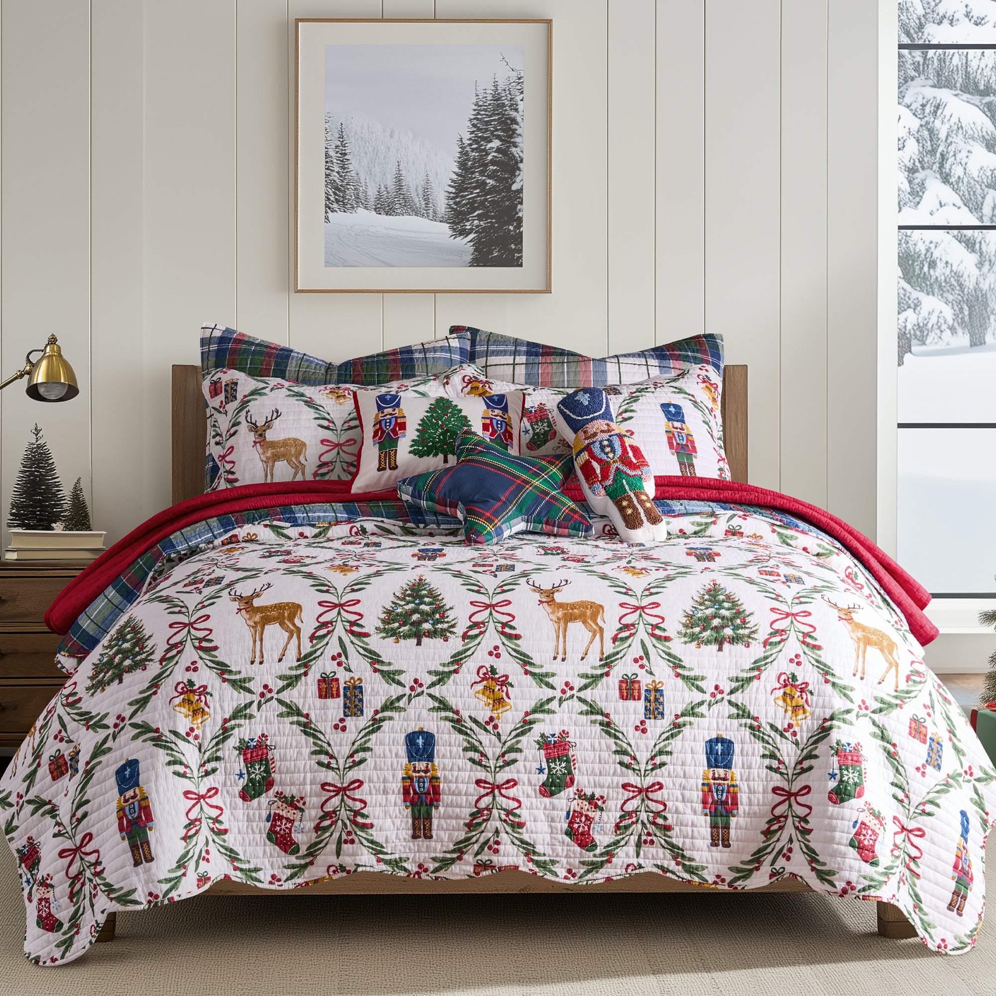 Festive Nutcrackers Tree Embroidered Pillow