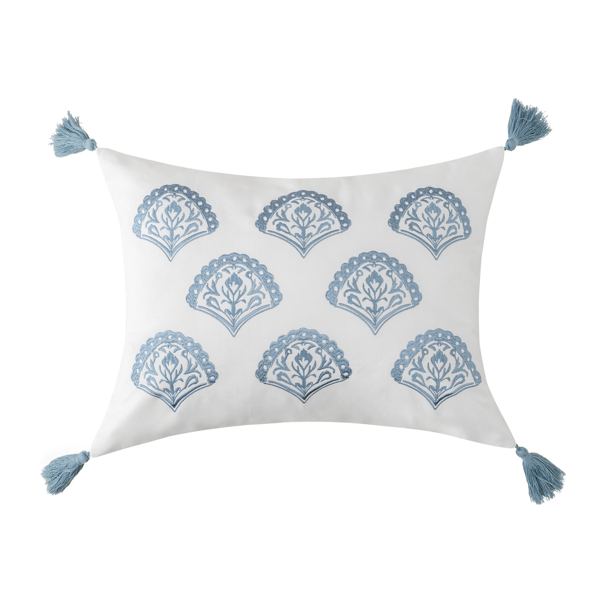 Cabana Stripe Blue Embroidered Medallion Pillow with blue tassels and embroidered medallion motifs on a white background.
