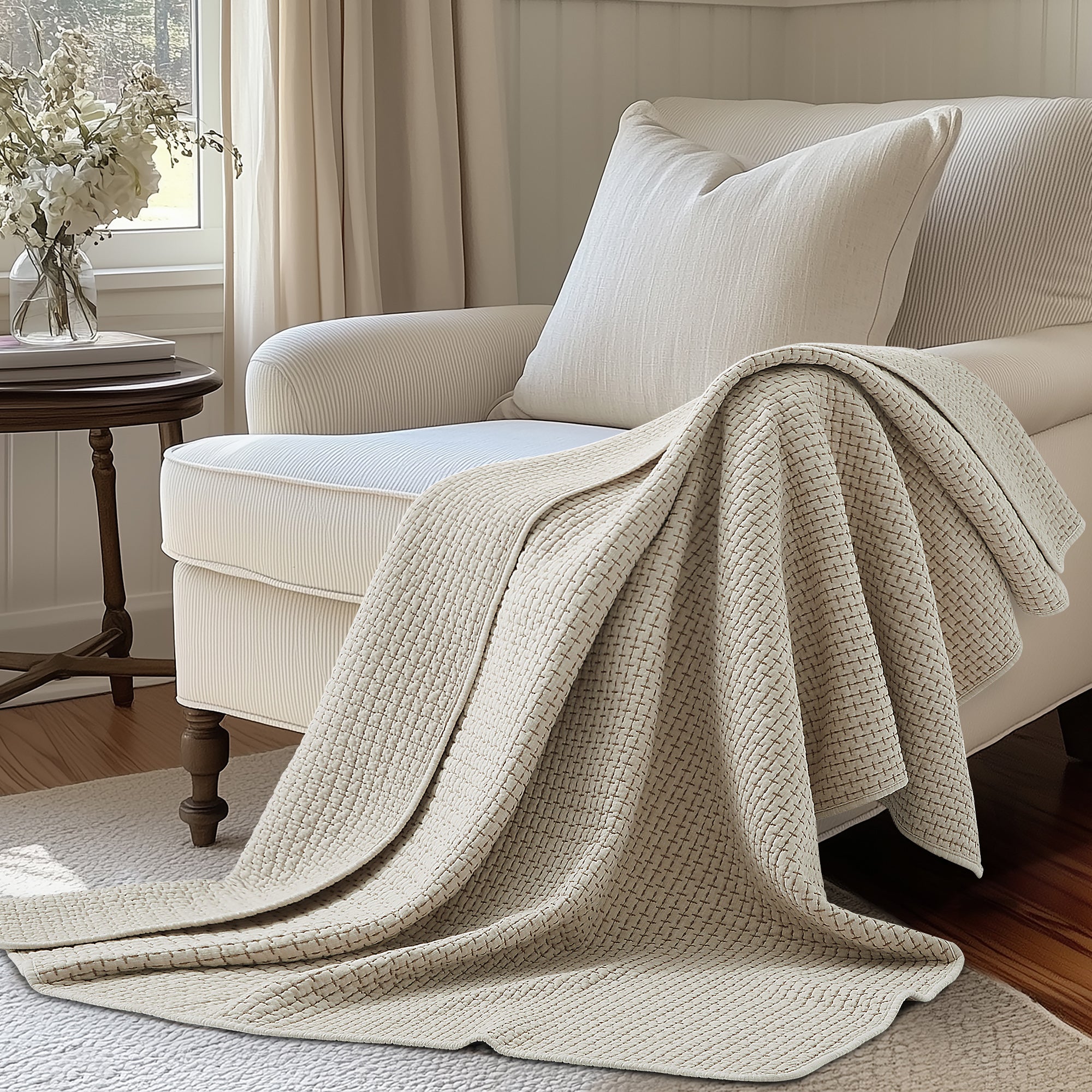 Pick-Stitch Artisan Quilted Throw draped on a cozy sofa, showcasing its handcrafted texture and light color.