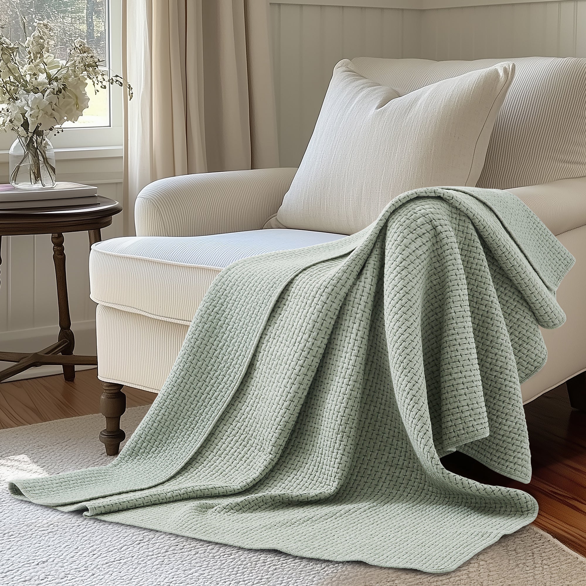 Pick-Stitch Artisan Quilted Throw draped over a cozy chair in a sunlit room, showcasing its texture and comfort.