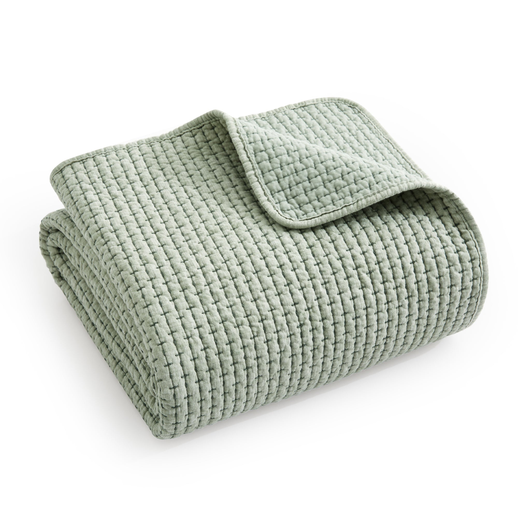 Pick-Stitch Artisan Quilted Throw in a light green color, showcasing quilted texture and pick-stitch detailing.