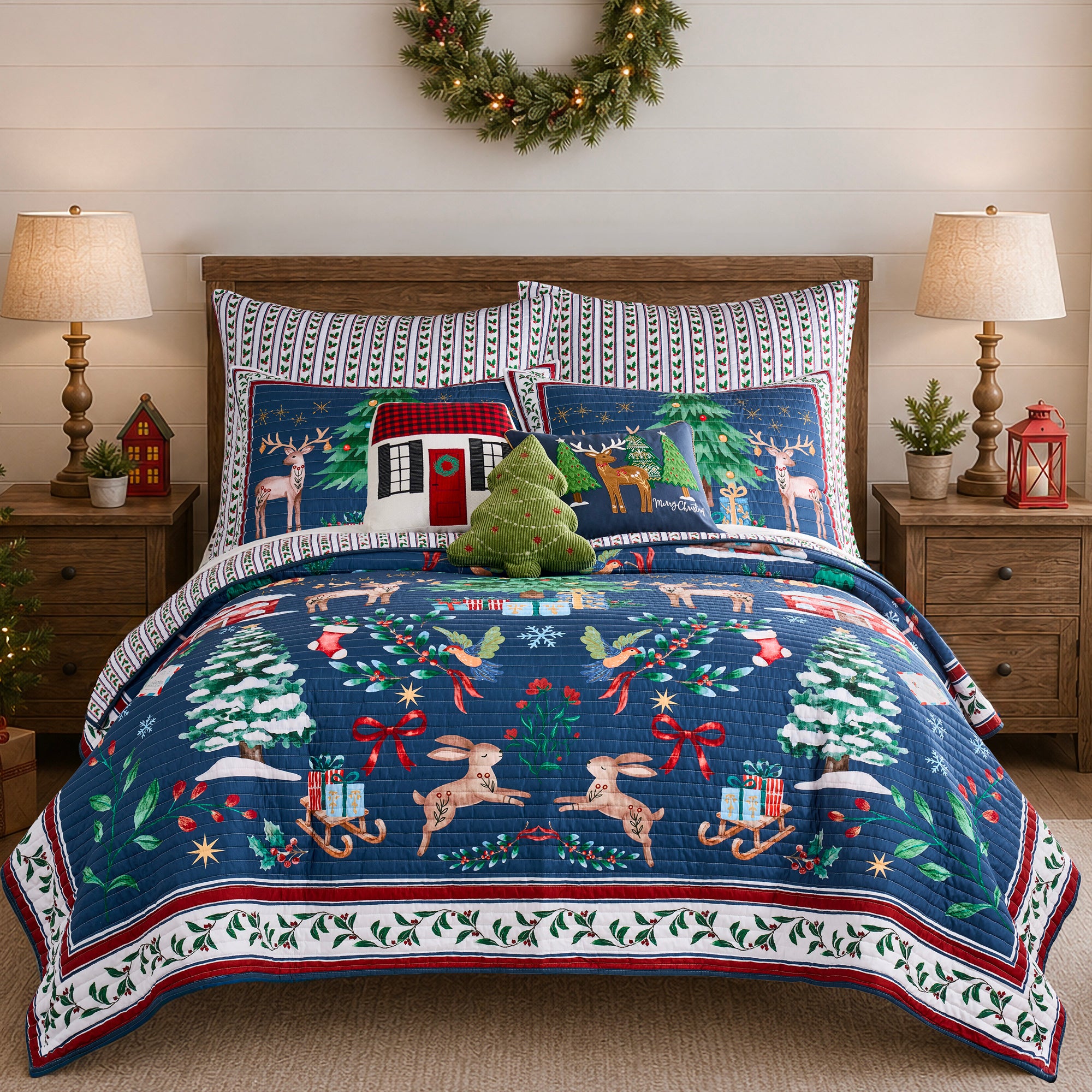 Christmas Cottage Applique Winter Scene Pillow
