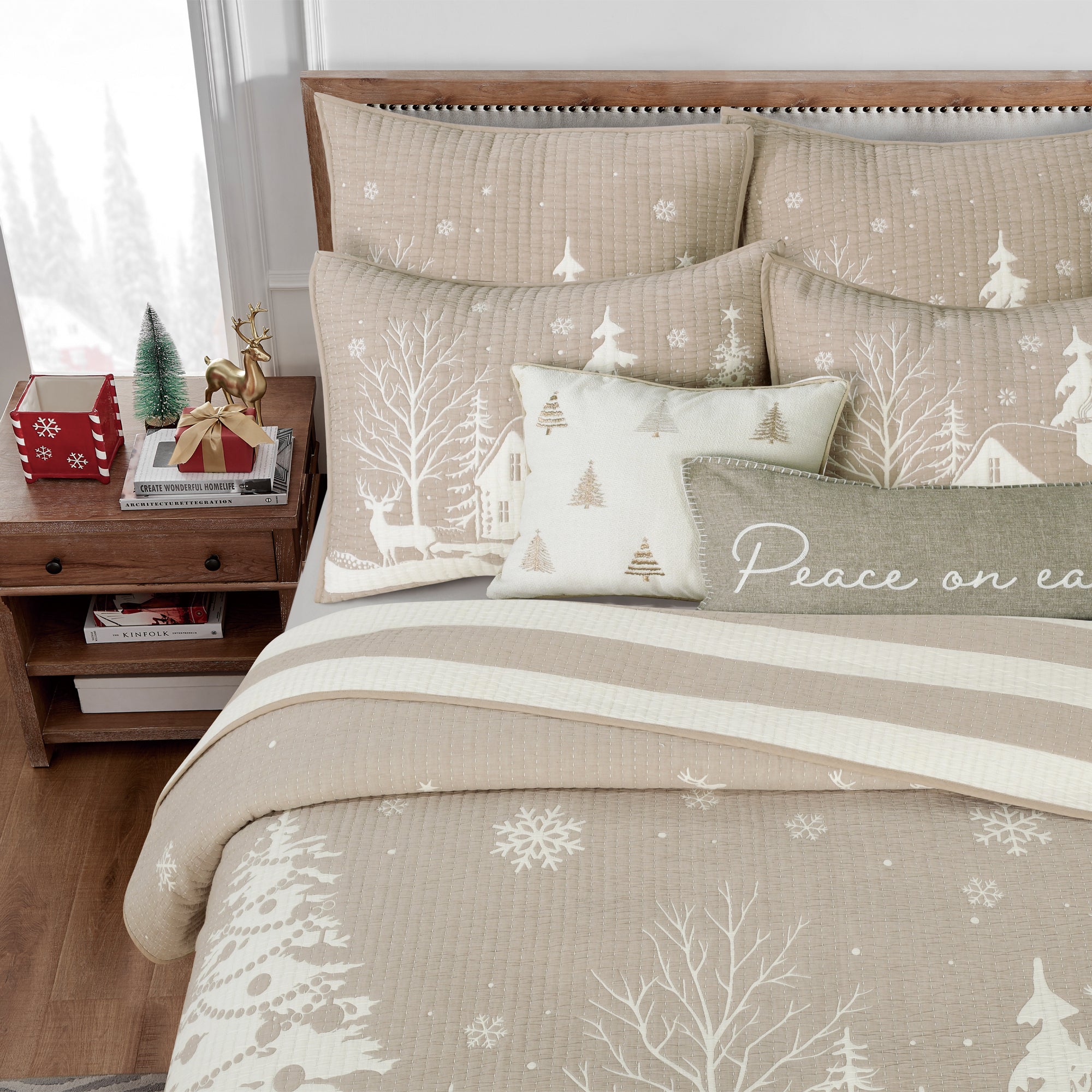 Winterscape Taupe Metalic Christmas Tree Pillow 16x16