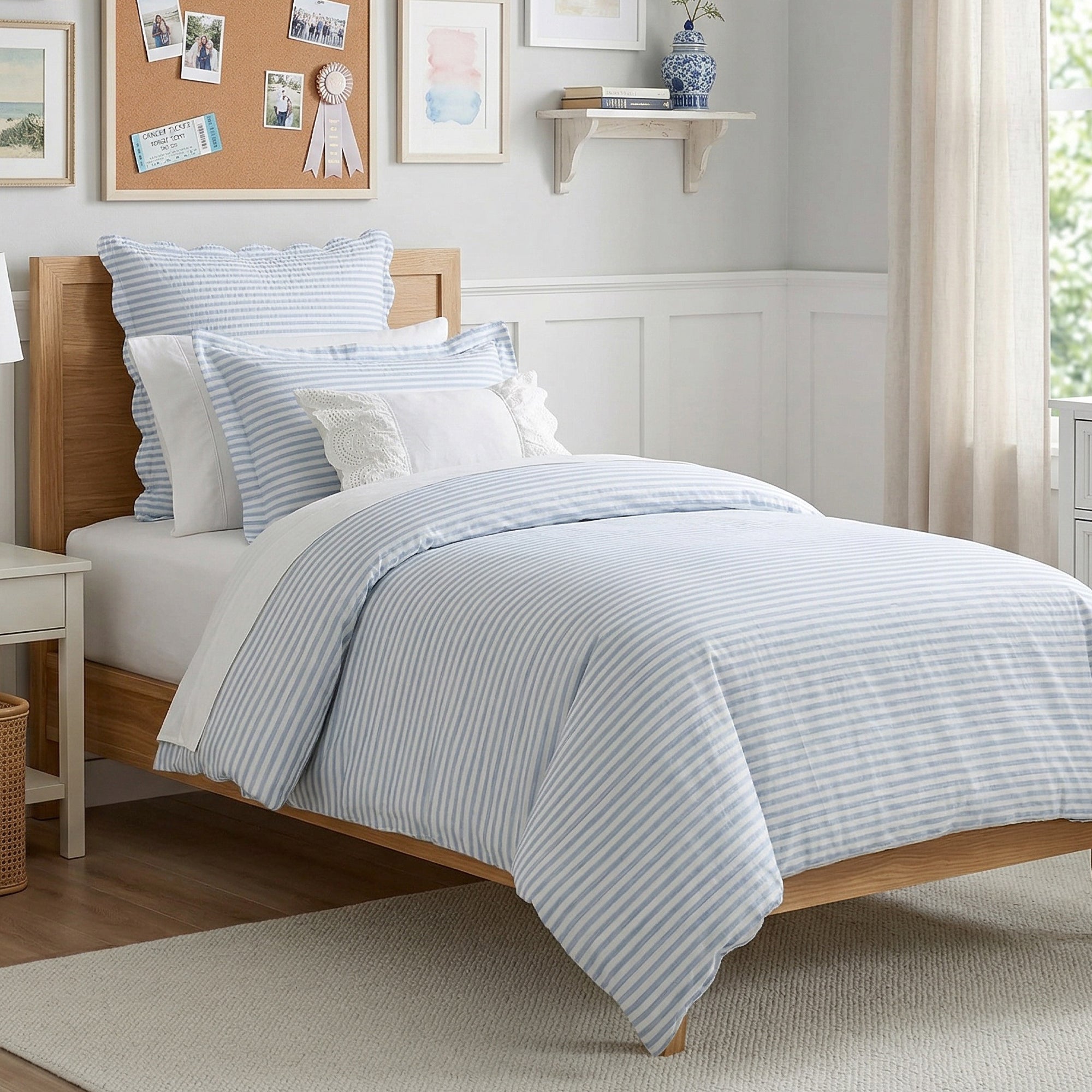 Bedroom with wooden bed frame, striped bedding, and decorative elements.