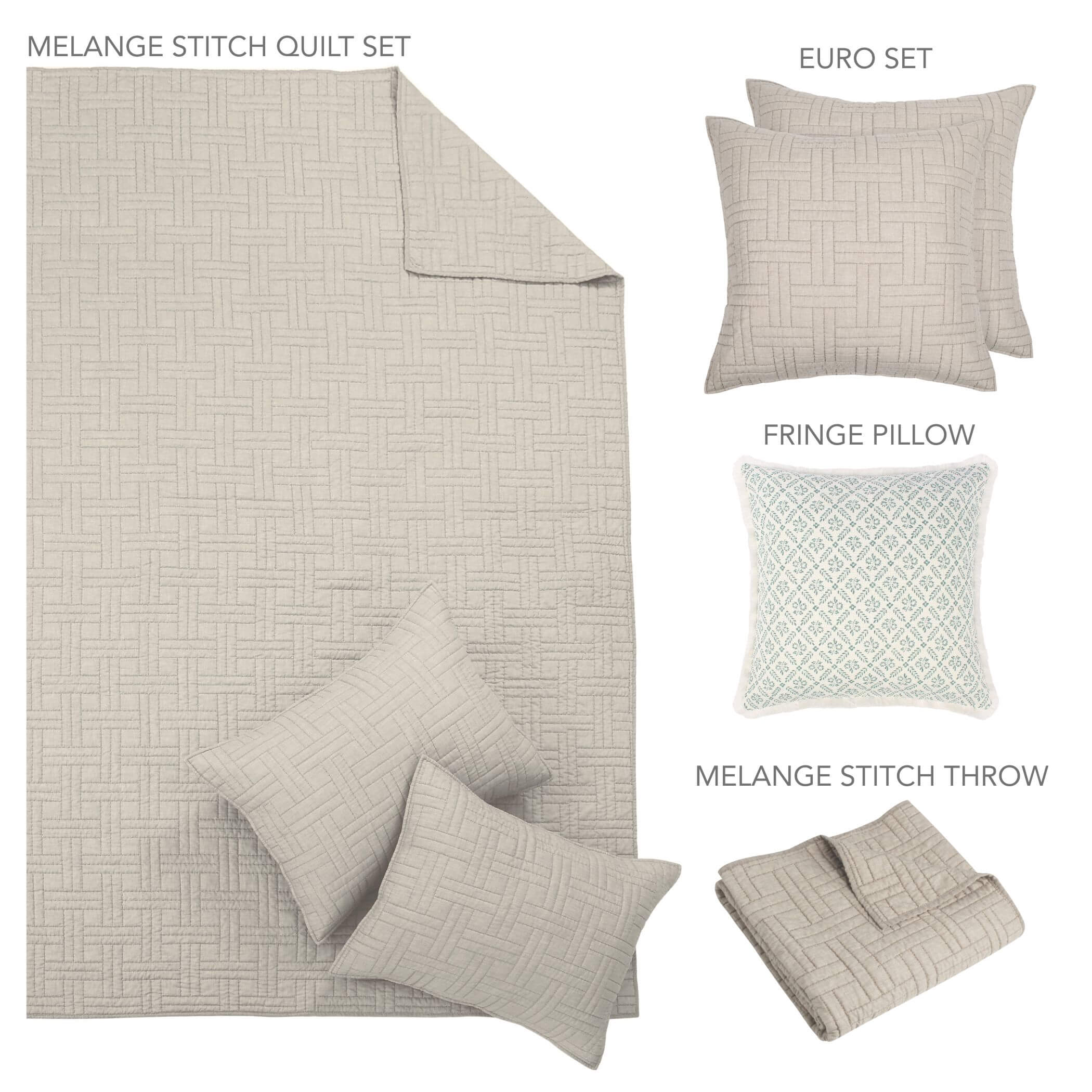 Levtex Home Melange Stitch Quilt Bundle: Quilt Set + Euro Sham Set of 2 + Decorative Pillow + Throw Quilts