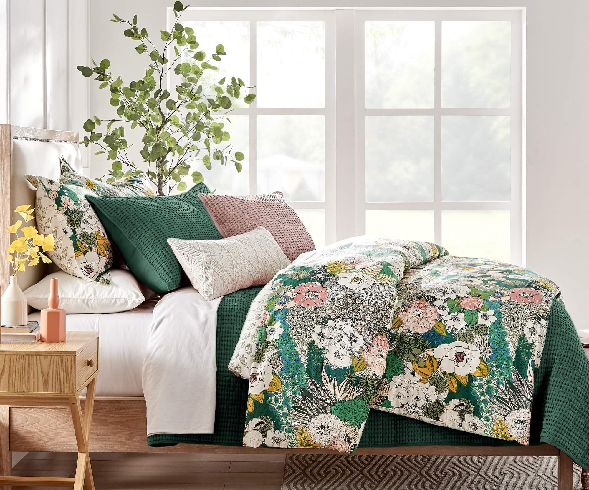 Levtex Home Mills Waffle Quilt Set in Forest Green color with Bettina Duvet Cover featuring floral pattern