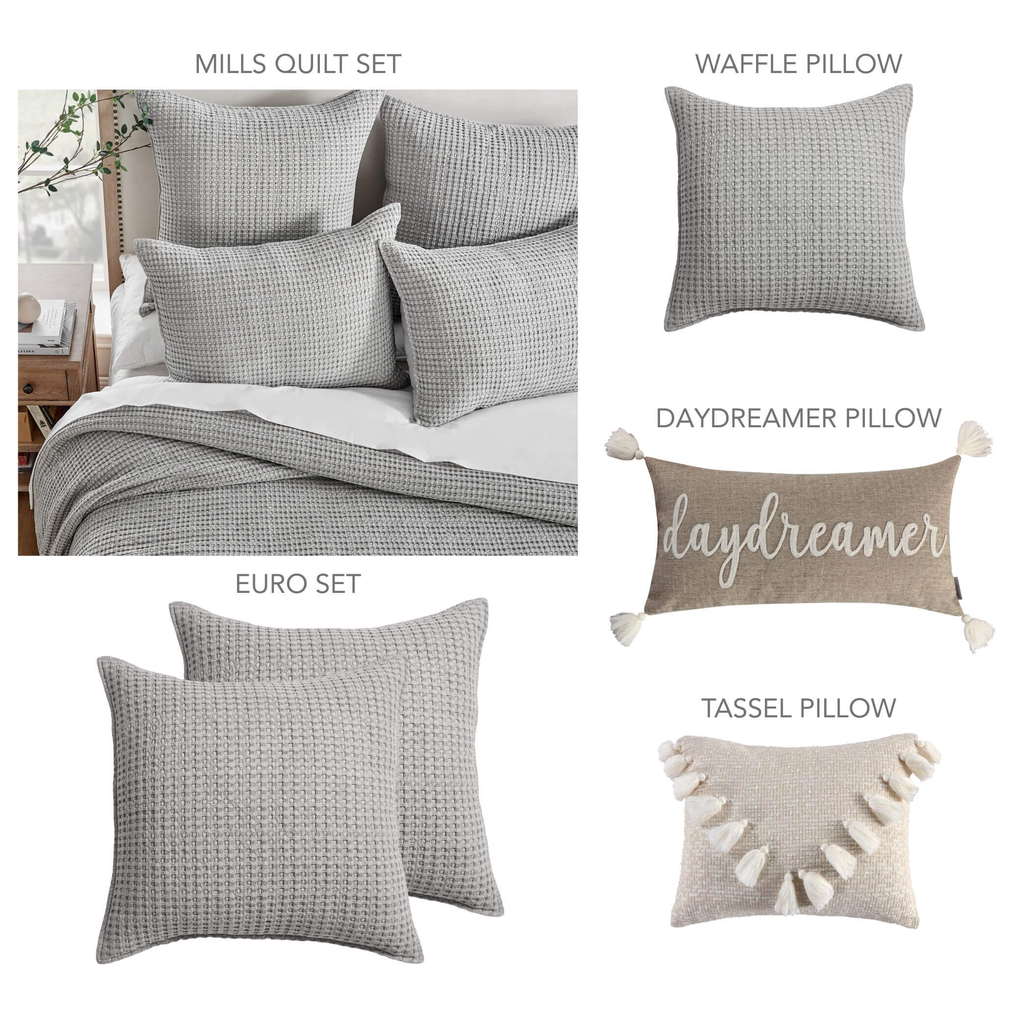 Levtex Home Mills Waffle Quilt Bundle: Quilt Set + Euro Sham Set of 2 + 3 Decorative Pillows Quilts