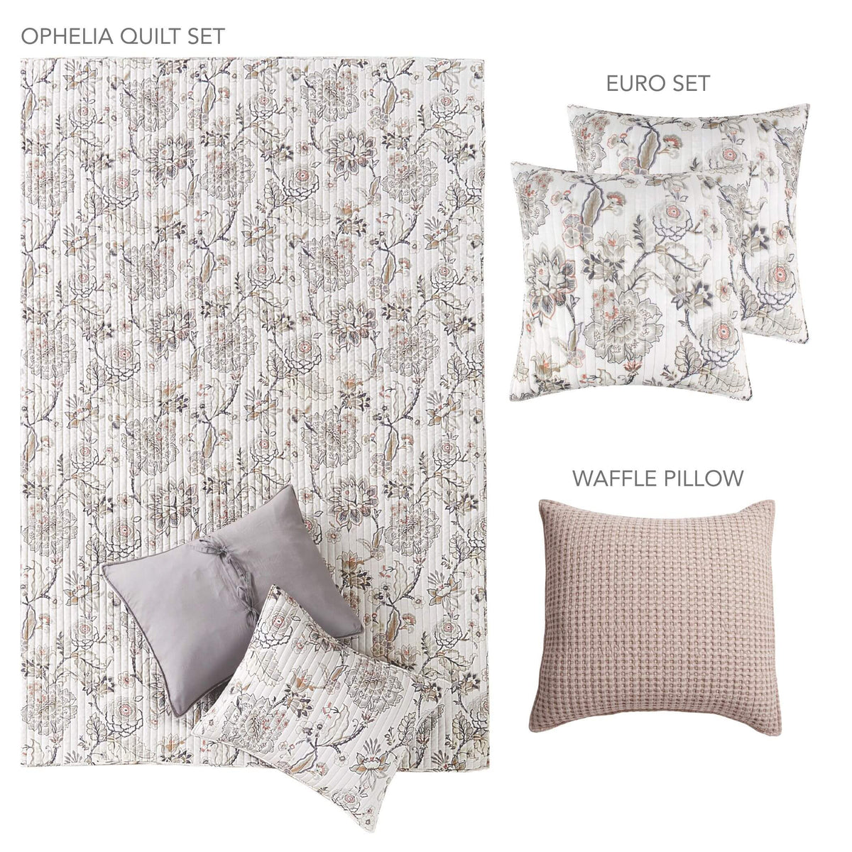 Levtex Home Set Trapunta Ophelia Queen Size Floreale - Grigio, Tortora, Crema - Reversibile Con Federe - 5