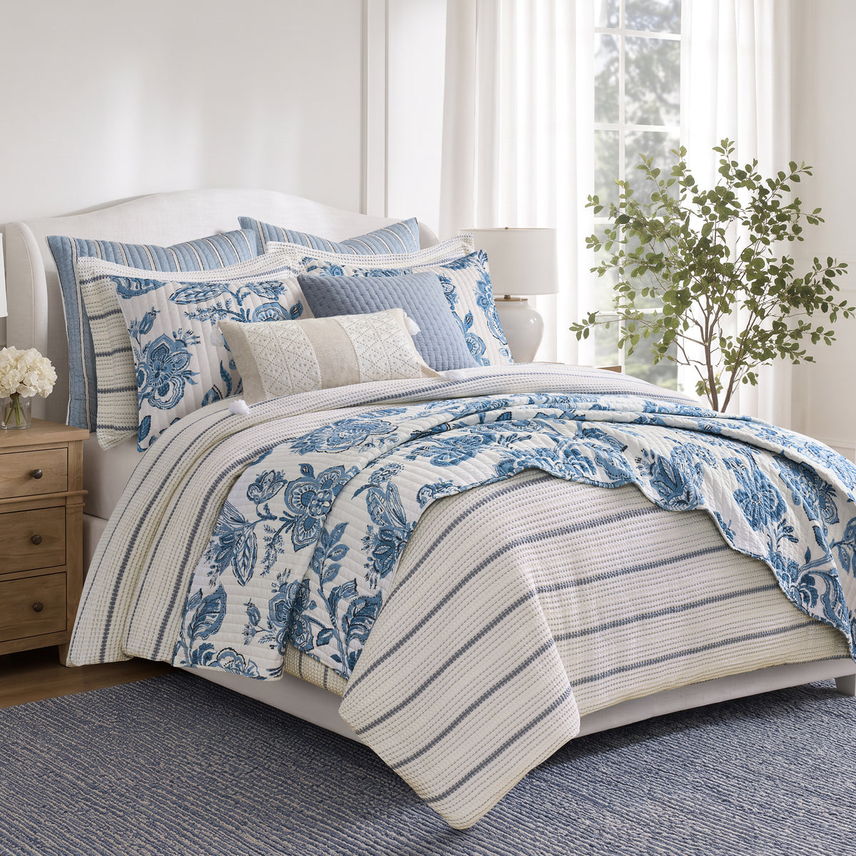 Waffle Stripe Blue Comforter Set