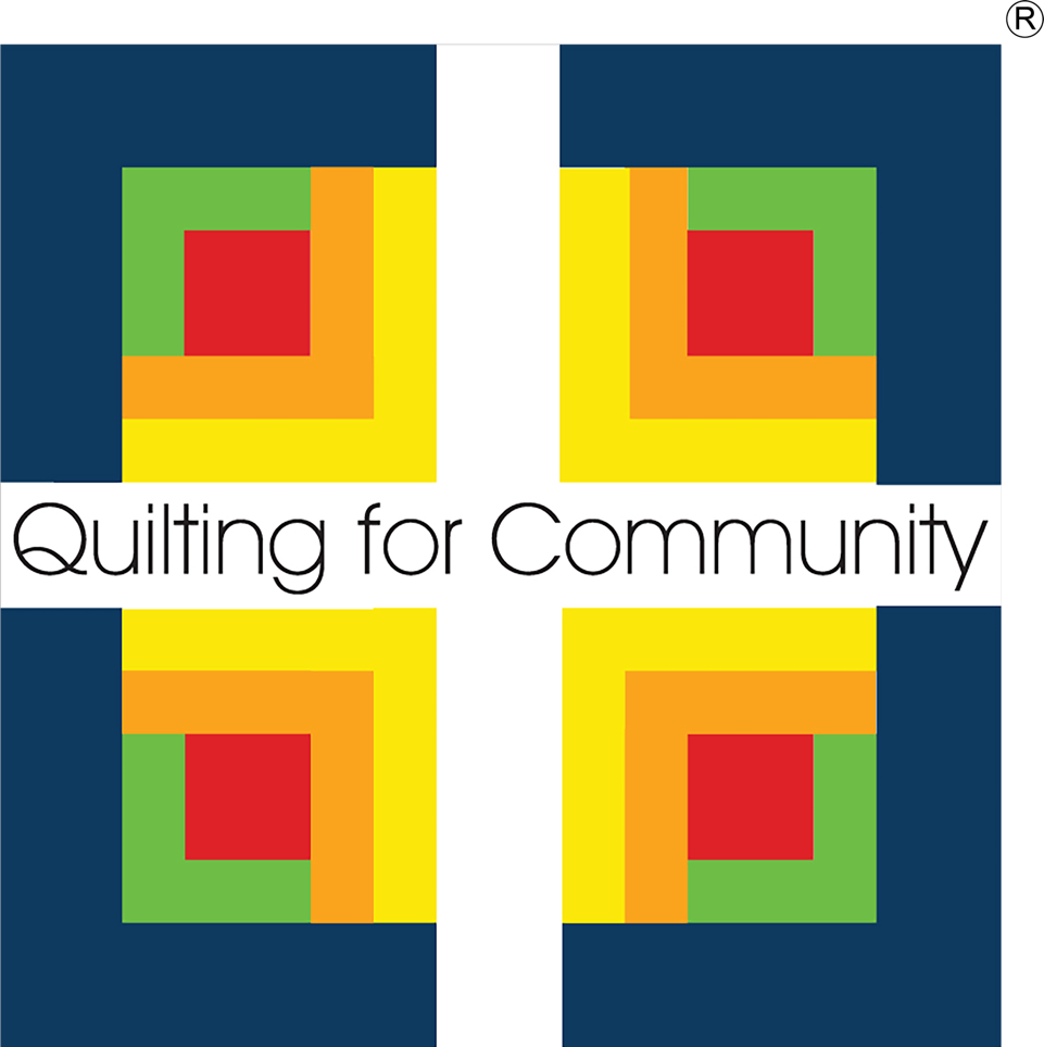 Colorful quilt design with 'Quilting for Community' text on a blue and white background representing organization logo