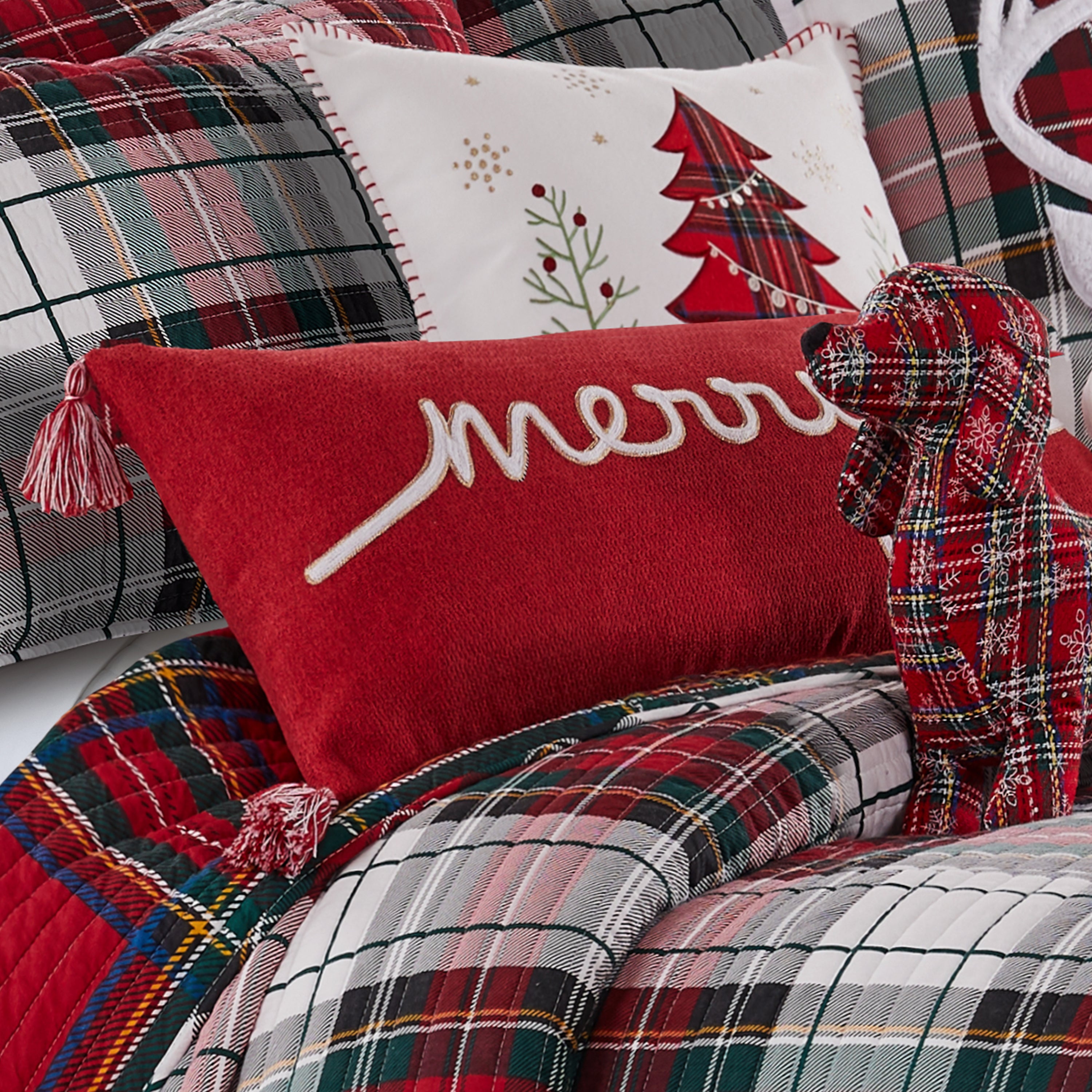 Levtex Home Spencer Plaid Merry Embroidered Pillow Decorative Pillows